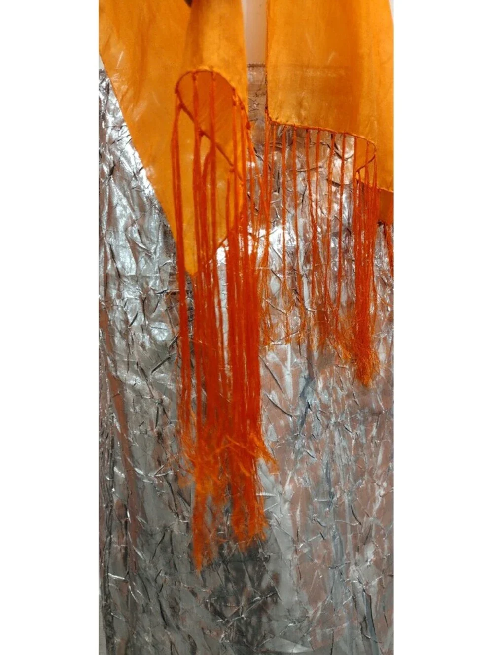 Vintage 1970s Silk Scarf Long Fringe Rich Orange Hippie MADE IN INDIA 100% SILK